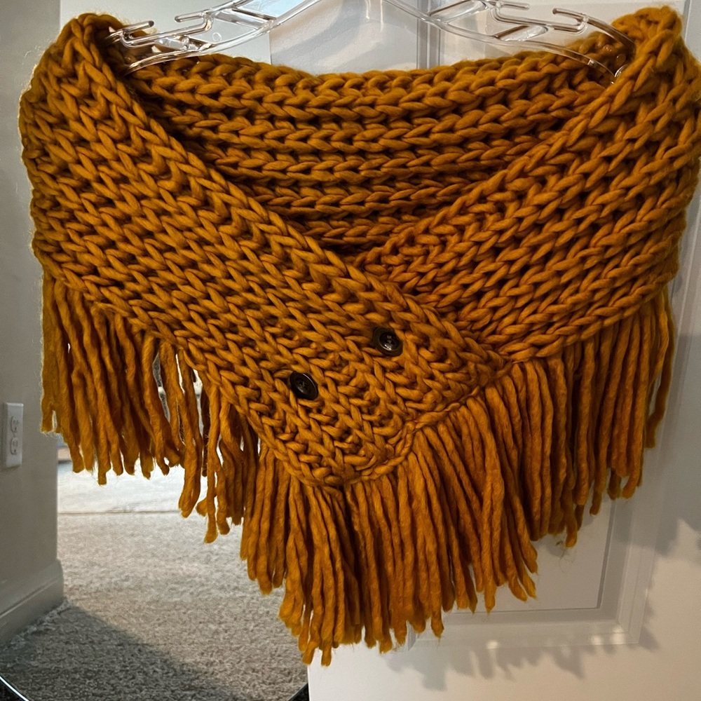 Chunky Knit Mustard Yellow Fringe Shawl